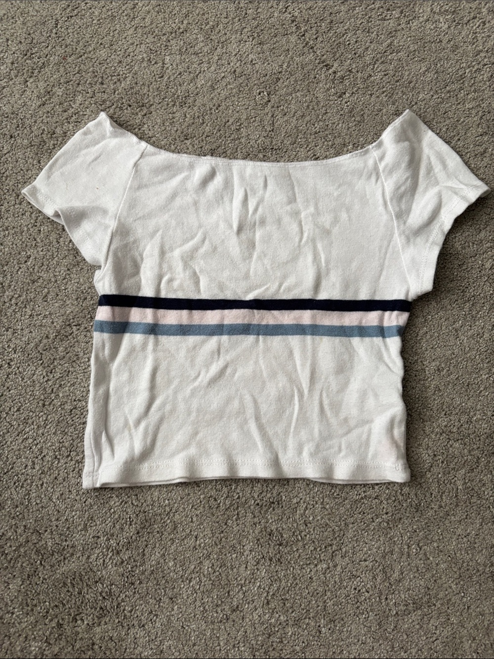 Brandy Melville Off-Shoulder Ribbed Crop Top with Striped Detail - White